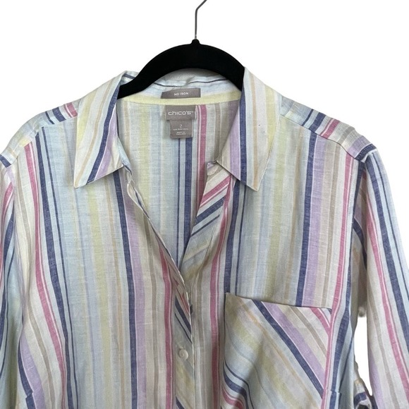 Chico's Size 2 US 12/14 Button Up Linen Colorful Striped Top 3/4 Sleeve - Picture 4 of 6